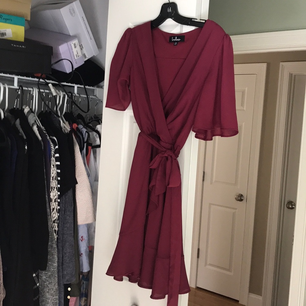 Lulus burgundy wrap ruffle dress.